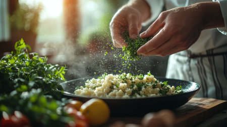 A chef finely chopping fresh herbs and vegetables in a busy restaurant kitchen. Other cooks are seen in the background, actively preparing various dishes during dinner.の素材