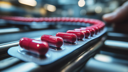 A gloved hand carefully places a sheet of purple pills onto a conveyor belt in a pharmaceutical production facility. The environment is vibrant and focused on efficiency.の素材