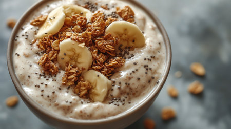 A bowl filled with creamy yogurt topped with crunchy granola and fresh banana slices sits in a bright kitchen. The warm atmosphere invites a delicious start to the day.の素材
