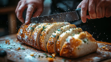 A person with a serrated knife slices a loaf of freshly baked bread on a wooden cutting board in a warm, inviting kitchen. The scene captures the essence of home cooking.の素材