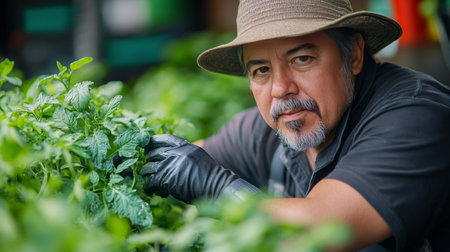 A dedicated gardener in a wide-brimmed hat carefully inspects lush mint plants. The setting is an urban garden, vibrant with greenery and life, showing horticultural passion.の素材