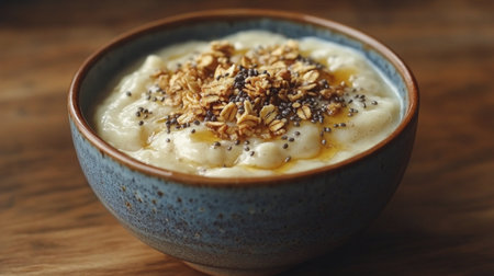 A bowl filled with creamy yogurt topped with crunchy granola and fresh banana slices sits in a bright kitchen. The warm atmosphere invites a delicious start to the day.の素材