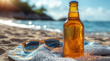 A chilled bottle of beer sits on a sandy beach next to a pair of sunglasses resting on a blue towel. The ocean waves gently lap the shore under a bright sky.の素材