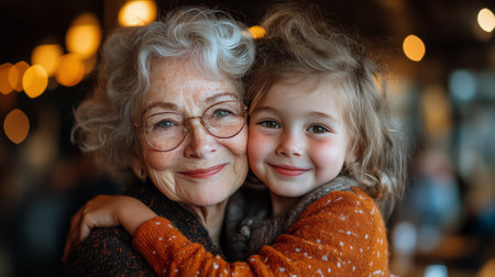 A joyful grandmother embraces her young granddaughter, both smiling brightly. They are seated in a warm, inviting cafe filled with soft lighting, creating a loving atmosphere.の素材