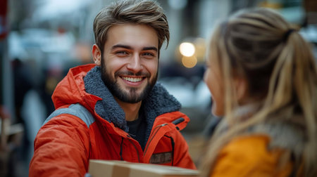 A smiling young man in an orange jacket hands a package to a woman, both surrounded by a bustling city backdrop during the day.の素材