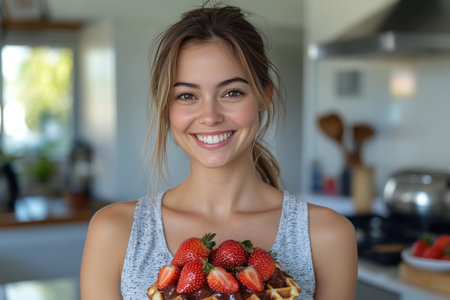 A woman holds a plate of waffles topped with fresh strawberries and chocolate sauce. She smiles cheerfully in a well-lit kitchen filled with decor and natural light.の素材