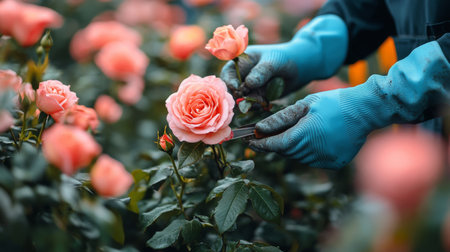 A gardener carefully prunes pink roses in a lush green garden under clear blue skies. The flowers bloom beautifully, showcasing vibrant colors and fresh growth.の素材