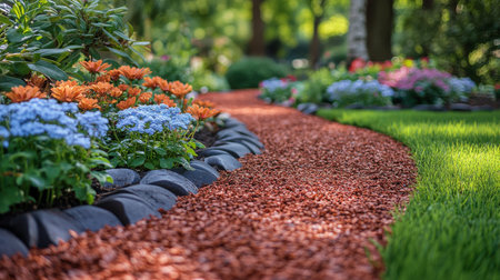 A winding path made of brown mulch is bordered by vibrant flowers in various colors. Lush greenery surrounds the path, creating a peaceful outdoor atmosphere.の素材