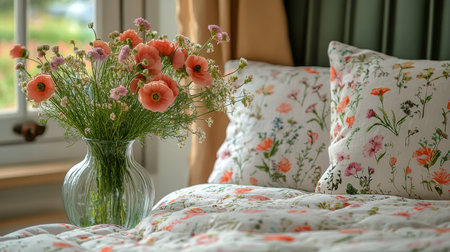 Soft floral bedding is neatly arranged in a cozy bedroom, while a vase filled with pink flowers sits by the bright window, inviting in the morning light and warmth.の素材