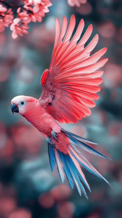 A stunning parrot soars through the air, its feathers displaying a vivid array of pink and blue. The contrast with the dark background highlights its beauty and grace.の素材