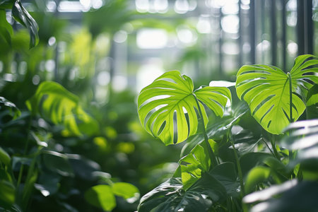Bright green foliage fills a vibrant indoor garden. Sunlight filters through, illuminating the unique shapes of the leaves. The setting creates a tranquil atmosphere for relaxation.の素材