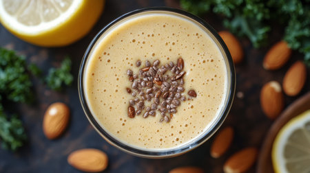 This refreshing almond lemon smoothie is served in a tall glass. It features a creamy texture topped with crunchy almonds and accompanied by fresh lemon slices on a wooden board.の素材