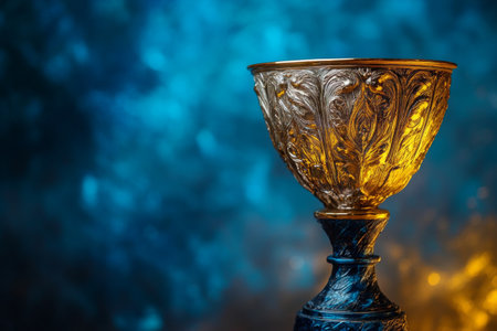A stunning golden trophy stands proudly against a rich blue backdrop, symbolizing victory and achievement. The trophys intricate details capture the essence of triumph.の素材