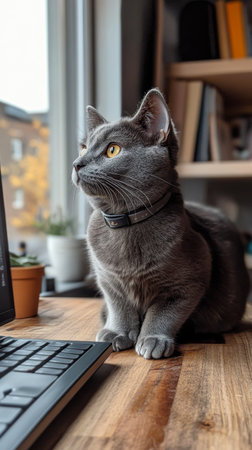 A gray cat rests on a wooden table, gazing with wide, expressive eyes. The warm lighting and soft background create a cozy atmosphere, perfect for relaxation.の素材