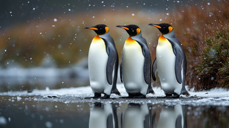 Six adorable baby penguins are gathered closely on a snowy landscape, showcasing their fluffy feathers and playful demeanor while enjoying the chilly weather.の素材