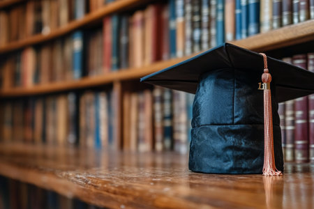 A black graduation cap with a golden tassel rests casually on a wooden bookshelf lined with old, leather-bound books in a library setting. The warm atmosphere invites study.の素材