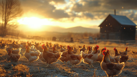 In a picturesque autumn setting, chickens wander across golden fields as the sun sets behind distant mountains. A rustic cabin adds charm to the tranquil scene, creating a serene atmosphere.の素材