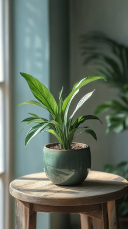 A vibrant succulent plant sits in a textured pot on a wooden table. Natural light fills the space, highlighting the greenery and creating a warm, inviting atmosphere.の素材