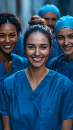A group of healthcare workers in blue scrubs stand together, displaying professionalism and dedication.の素材