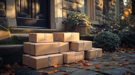 A collection of brown delivery boxes is stacked on the porch steps of a quaint house. Fallen leaves cover the ground, indicating autumns arrival.の素材