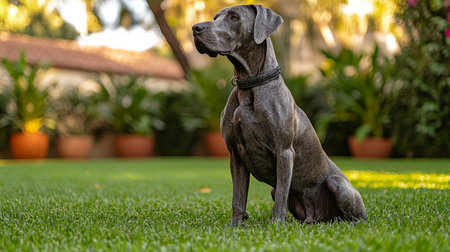 A gray dog sits attentively on the vibrant green grass, gazing towards the background where a lovely home stands. The sun is setting, casting a warm glow on the scene.の素材