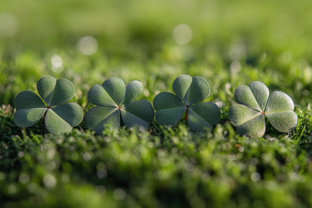 A lush green field is covered with vibrant clover plants, showing a few delicate white flowers blooming. Sunlight filters through, creating a serene spring atmosphere.の素材