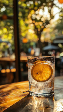 A glass filled with sparkling water and a slice of lemon sits on a wooden table in an outdoor cafe. The warm light of sunset filters through the trees, creating a relaxing atmosphere.の素材