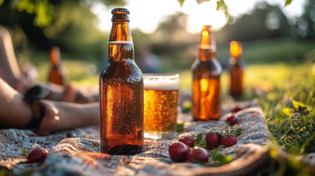 A joyful gathering of friends enjoying drinks and food around an outdoor table. The setting features grapes, bottles, and glowing lights, creating a warm atmosphere for conversation.の素材