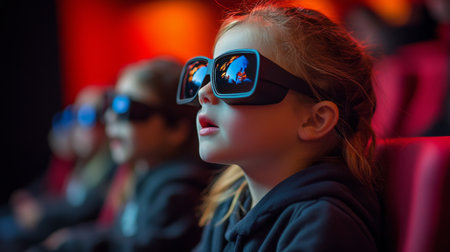 Kids sit in a theater wearing 3D glasses, captivated by the movie. Colorful visuals reflect in their glasses as they share an exciting cinematic moment.の素材