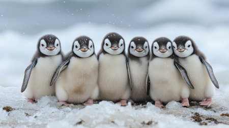 Six adorable baby penguins are gathered closely on a snowy landscape, showcasing their fluffy feathers and playful demeanor while enjoying the chilly weather.の素材