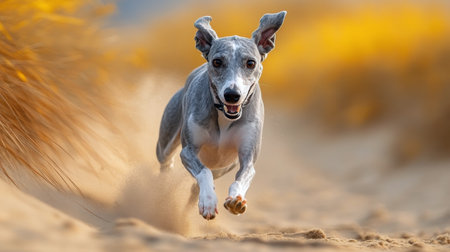 A playful dog dashes across a sandy beach, kicking up dust while enjoying the warm weather. The dogs excitement is evident as it races with joy and freedom.の素材