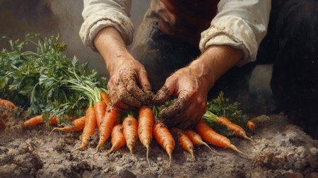 Hands covered in soil carefully gather freshly harvested carrots from a garden bed, showing vibrant orange vegetables and green foliage under warm light.の素材