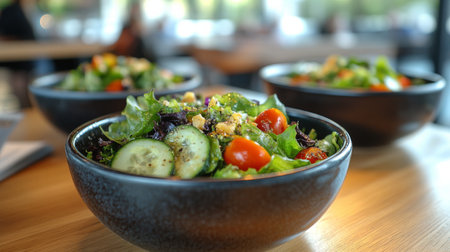 A colorful garden salad featuring crisp lettuce, cherry tomatoes, sliced cucumbers, and shredded cheese. This dish is perfect for a healthy meal option and is ideal for any occasion.の素材