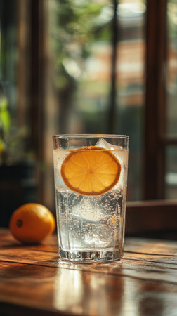 A glass filled with sparkling water and a slice of lemon sits on a wooden table in an outdoor cafe. The warm light of sunset filters through the trees, creating a relaxing atmosphere.の素材