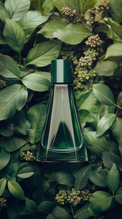 A beautifully crafted green perfume bottle rests gracefully among vibrant green leaves in a serene outdoor environment during golden hour. The soft light enhances the natural beauty of the scene.の素材