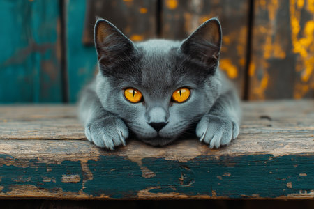 A gray cat with bright orange eyes is lying on a rusty, weathered wooden beam. The cat looks relaxed and curious, surrounded by a rustic background that adds to its charm.の素材