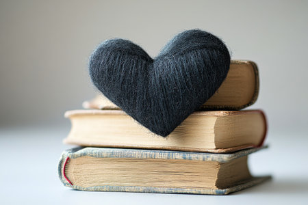 A dark wool gray heart rests gently on top of aged books. The vintage literature has a soft texture and muted colors, creating a calming and cozy atmosphere.の素材