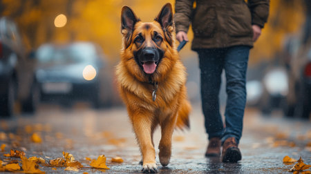 A cheerful German Shepherd walks on a leaf-covered street while a person casually strolls behind. The warm autumn colors create a serene atmosphere for the outdoor activity.の素材