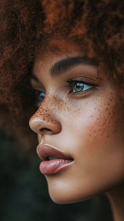 A woman proudly displays her voluminous natural hair in an outdoor setting. She wears striking earrings that complement her unique hairstyle, embodying confidence and beauty.の素材