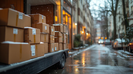 Stacks of cardboard boxes lined up on a wet sidewalk outside a retail shop. A person walks past, while raindrops soak the street during a gloomy day in the city.の素材