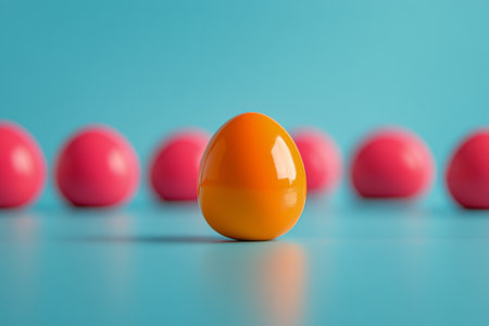 A bright yellow egg stands out among several pink eggs, all arranged neatly on a vibrant blue surface, creating a cheerful festive atmosphere.の素材