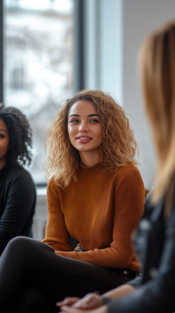 A young woman with curly hair and glasses is seated and smiling while listening attentively to a discussion among friends at a modern venue filled with greenery.の素材