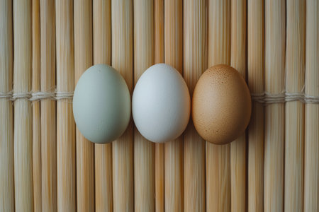 Three white eggs are placed on a wooden table, illuminated by soft morning light coming through a window, creating beautiful shadows on the surface.の素材