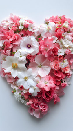A vivid heart-shaped arrangement made of pink and white flowers is displayed in a lush garden. This colorful piece captures the essence of nature and love, perfect for any romantic occasion.の素材
