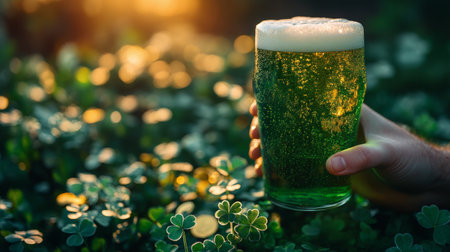 A hand holds a tall glass of vibrant green beverage surrounded by shamrocks and gold coins, creating a festive atmosphere for a St Patricks Day celebration.の素材