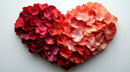 A heart shape is crafted using an array of colorful rose petals arranged neatly on a plain white background, showing hues of pink, red, and orange in a romantic display.の素材