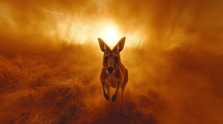 A kangaroo stands gracefully in tall grass as the sky ignites with shades of orange and red during sunset. The landscape captures the essence of Australias natural beauty at dusk.の素材