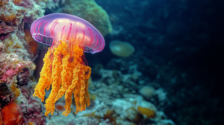 A graceful jellyfish gracefully swims in clear ocean water, showing its golden-brown bell and long trailing tentacles.の素材