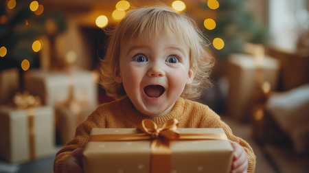A cheerful young girl smiles widely while lying on a soft rug. She holds a small orange gift, expressing excitement and joy in a warm, cozy indoor atmosphere.の素材