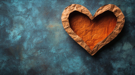 A heart shape crafted from crumpled brown paper stands out against a textured blue backdrop. The warm orange interior contrasts beautifully with the cool surface.の素材